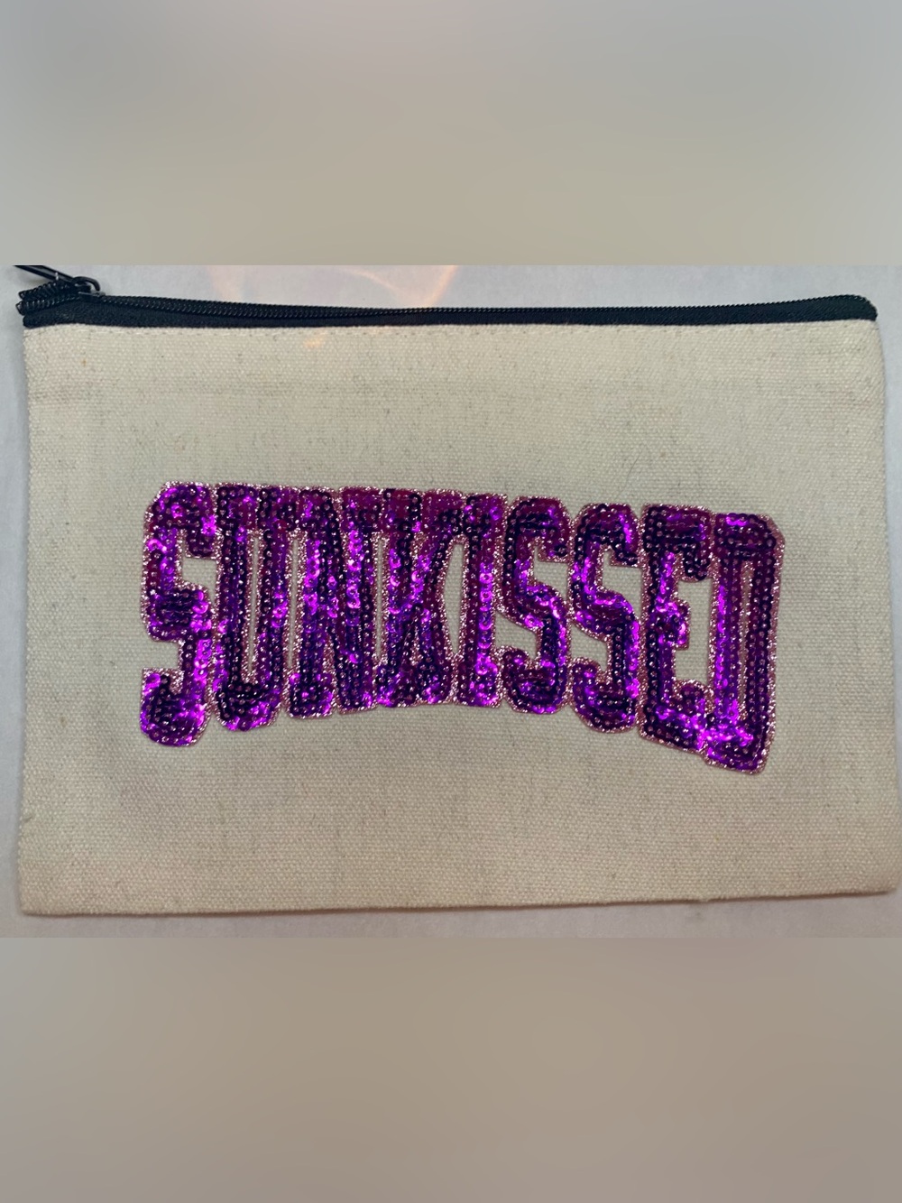 Cream Canvas Cosmetic Pouch with Purple Sequin 'SUNKISSED'